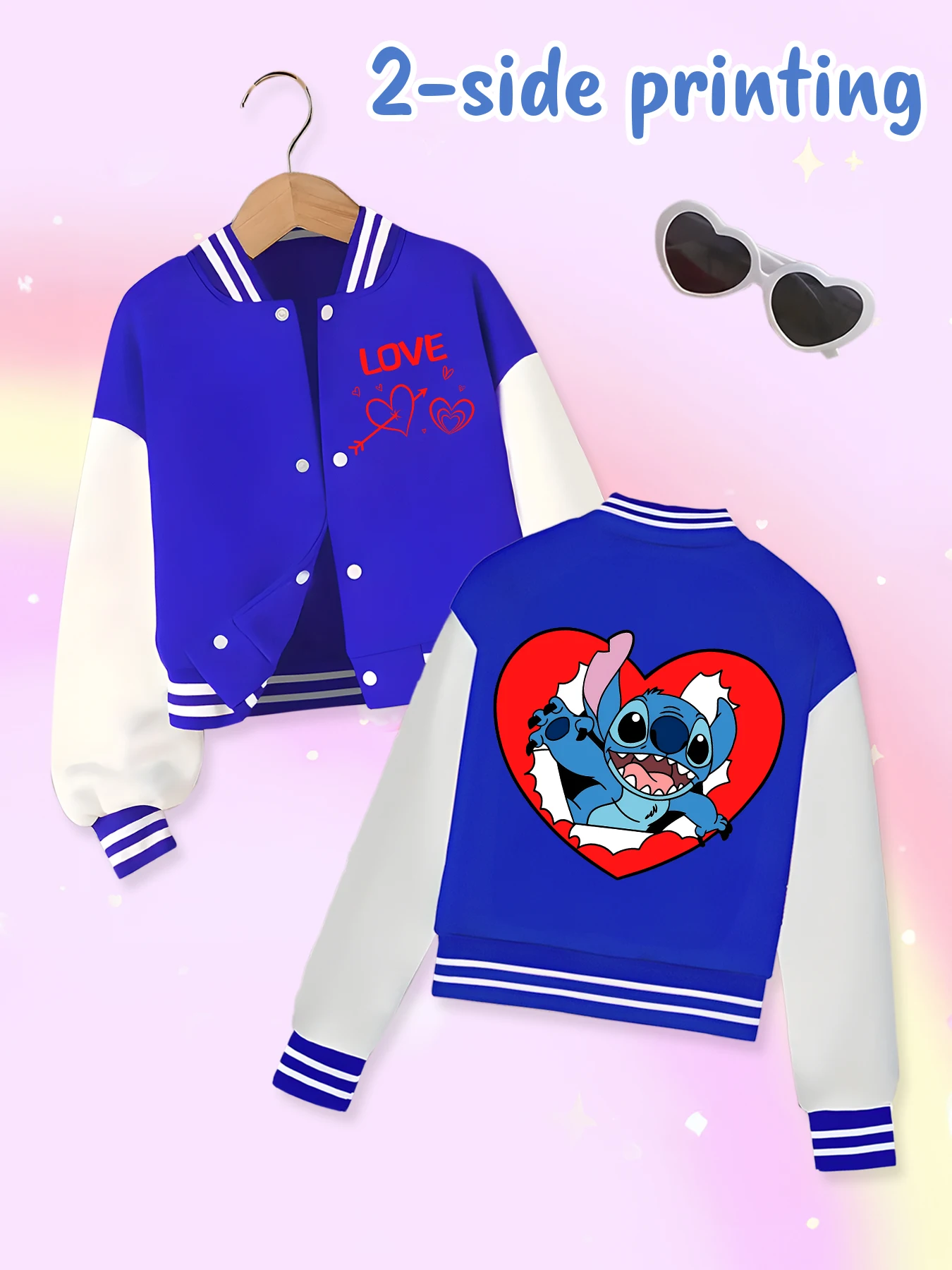 

Disney fashion trend baseball jacket, suitable for daily sports and casual wear, printed with cute Stitch pattern, nice gift.