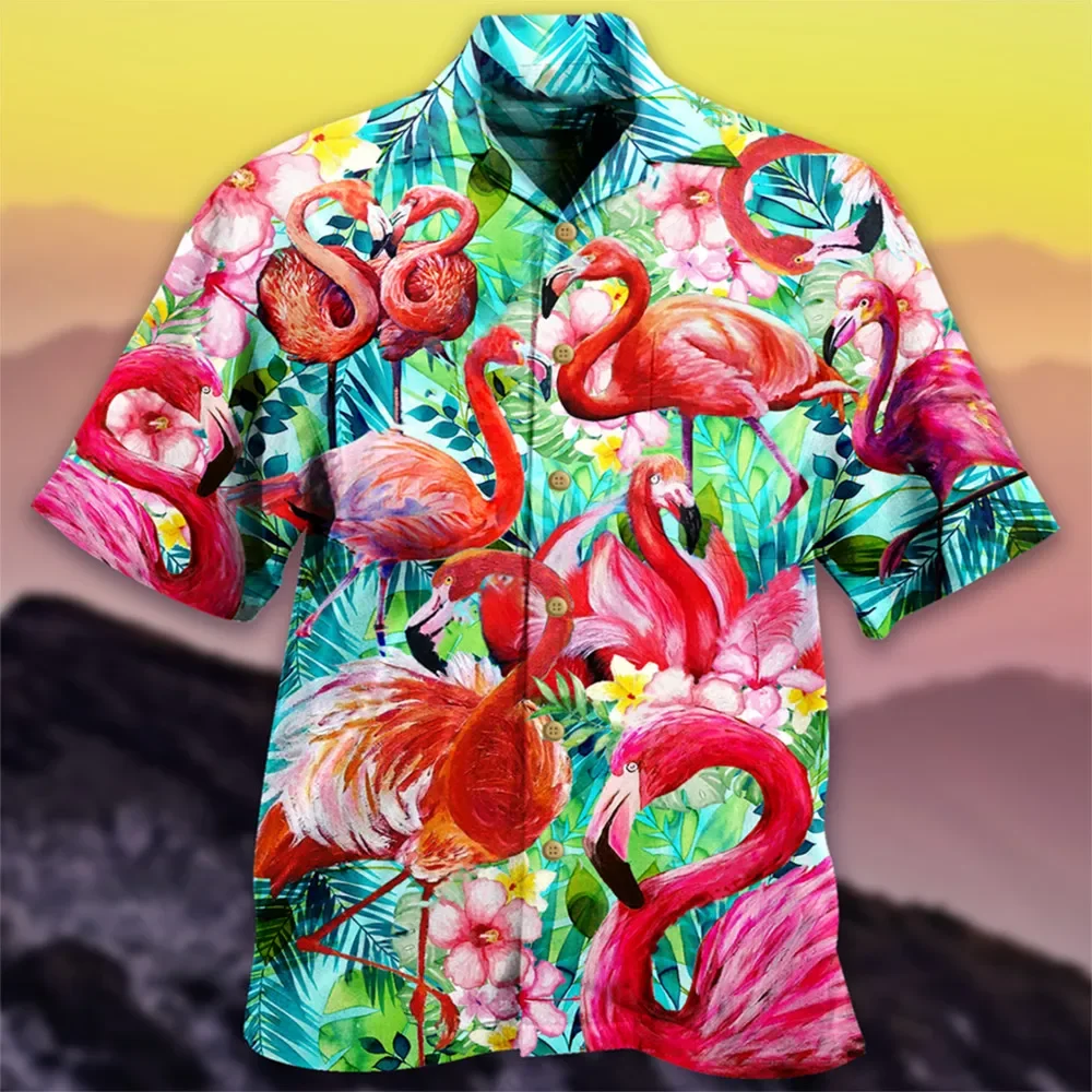 

2024 Summer Hot Sale Flamingo Hawaiian Shirt For Men 3D Cartoon Beach Oversized Funny Men's Clothing Loose Trend Short Sleeve