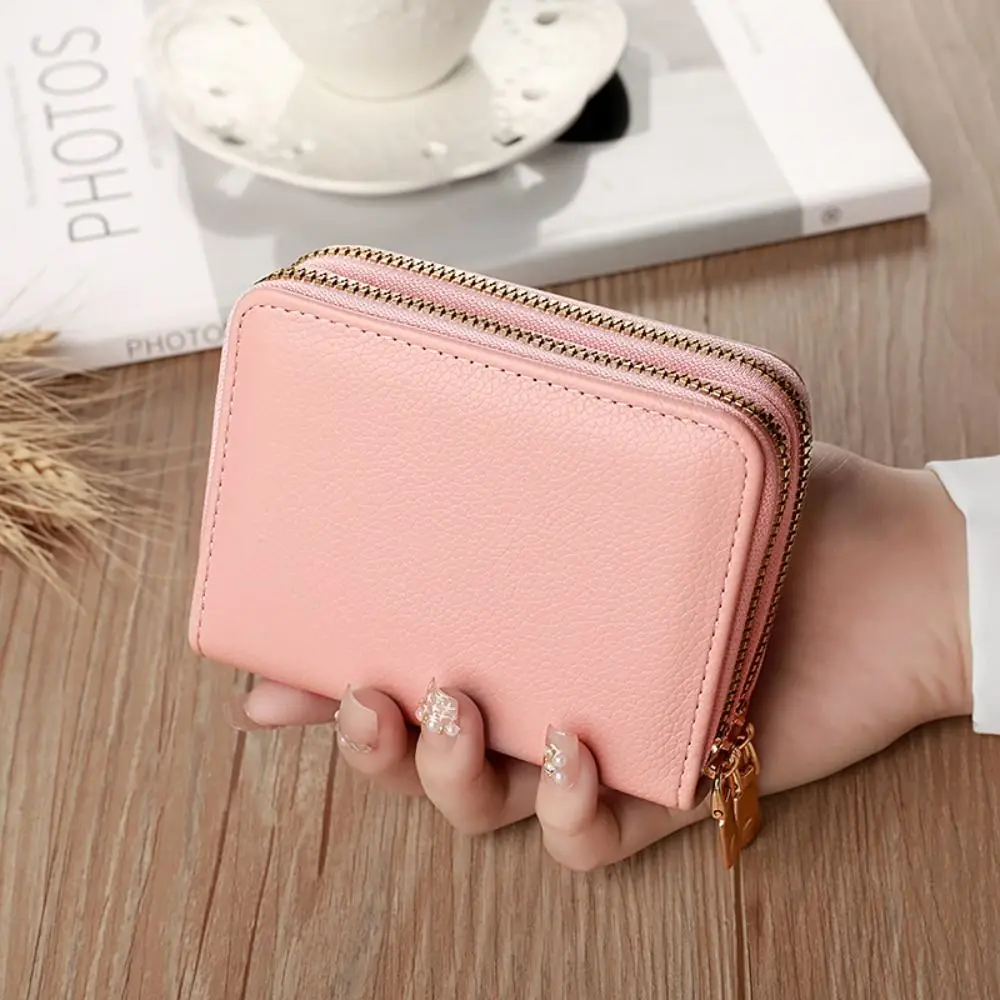 

Simple Solid Color Organ Card Bag Large Capacity Multi Card Slot Short Wallet Card Holder Double Zipper Women Coin Purses Girl