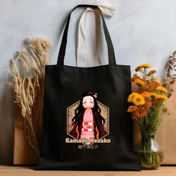 Tanjiro Nezuko Kimetsu No Yaiba Demon Slayer Cloth Canvas Tote Bag Black Shopping Travel Women Reusable Shoulder Shopper Bags