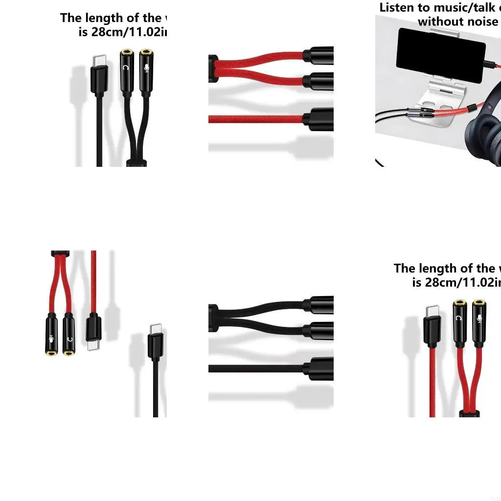 193A Type C Y-Shape Splitter Cable with Microphones Support 3.5mm Headphone Connectors for Sound Transmission