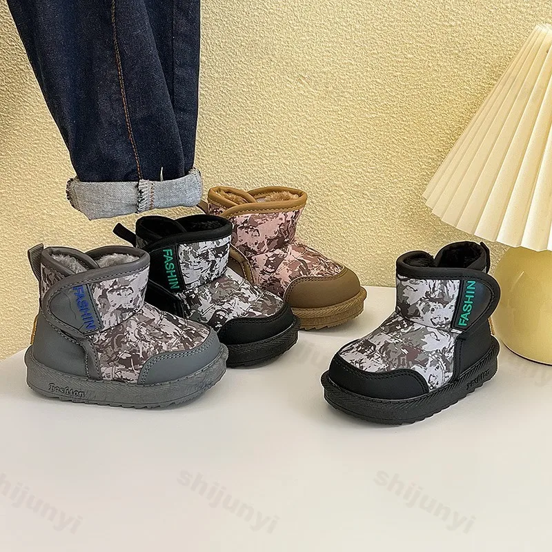 

Детские зимние ботинки, новые зимние ботинки для мальчиков, уличная нескользящая водонепроницаемая хлопковая обувь, утепленная плюшевая удобная теплая обувь на мягкой подошве для девочек