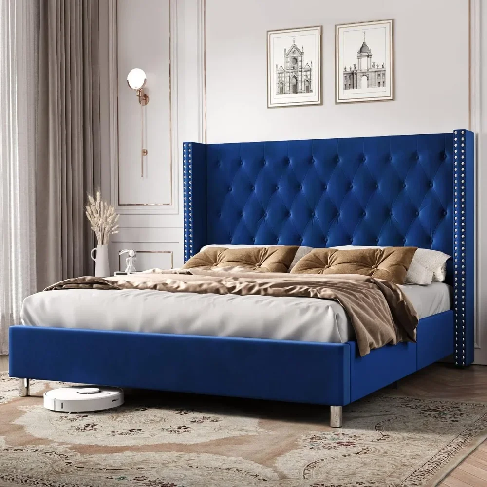 Bed Frame Upholstered Bed Velvet Low Profile Platform Bed with Raised Wingback Headboard/No Box Spring Needed/Easy Assembly