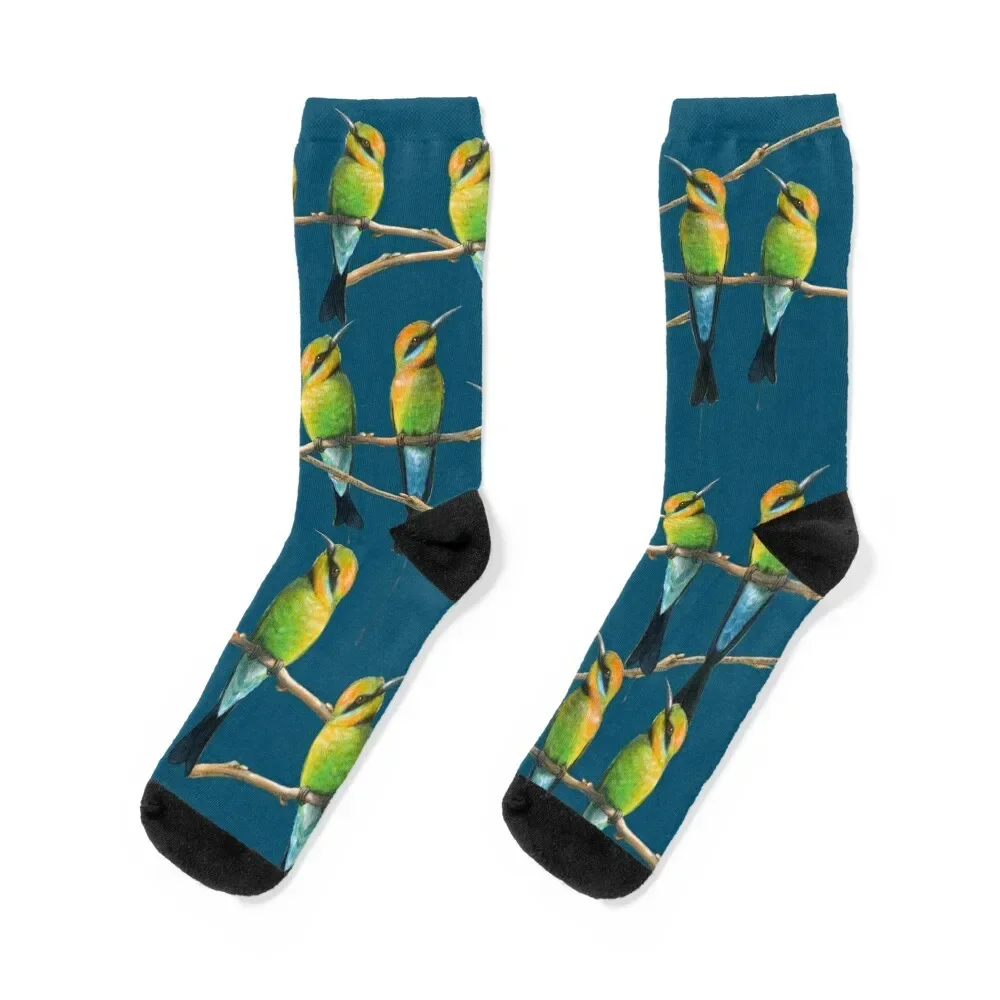 

Rainbow Bee-Eaters Watercolour Design - Blue Background Socks christmas stocking kids basketball with print Socks Girl Men's