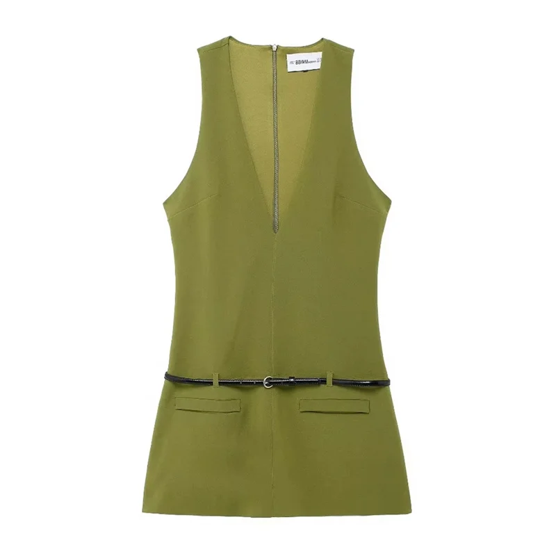 EDSA Women Green Belted Mini Dress with False Welt Pocket Sleeveless V-Neck Short Dresses for Casual Girls Streetwear