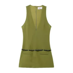 EDSA Women Green Belted Mini Dress with False Welt Pocket Sleeveless V-Neck Short Dresses for Casual Girls Streetwear