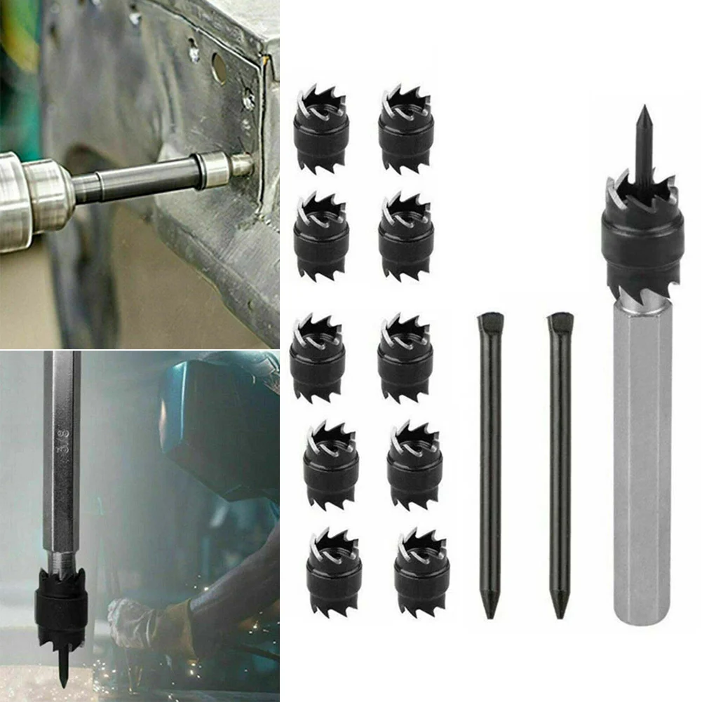 

13x наборы резаков для точечной сварки, двухсторонний режущий блок для точечной сварки, лезвия из быстрорежущей стали 3/8 дюйма с пружинным центральным штифтом