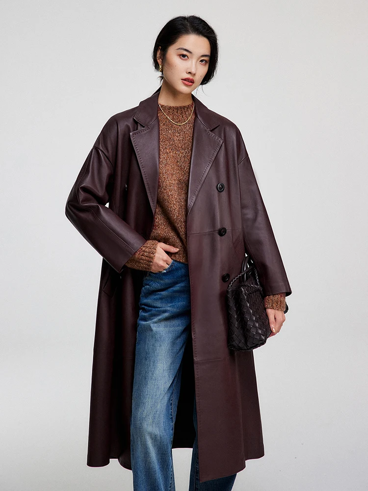 

Double-Sided Lamb Skin Lightly Coated Double-Breasted Leather Jaet Windbreaker in Mermaid Color by Ningxia Clothing Interval