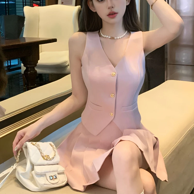Sweet Temperament Two-piece Suit Women's Single-breasted Vest Top Pleated Skirt