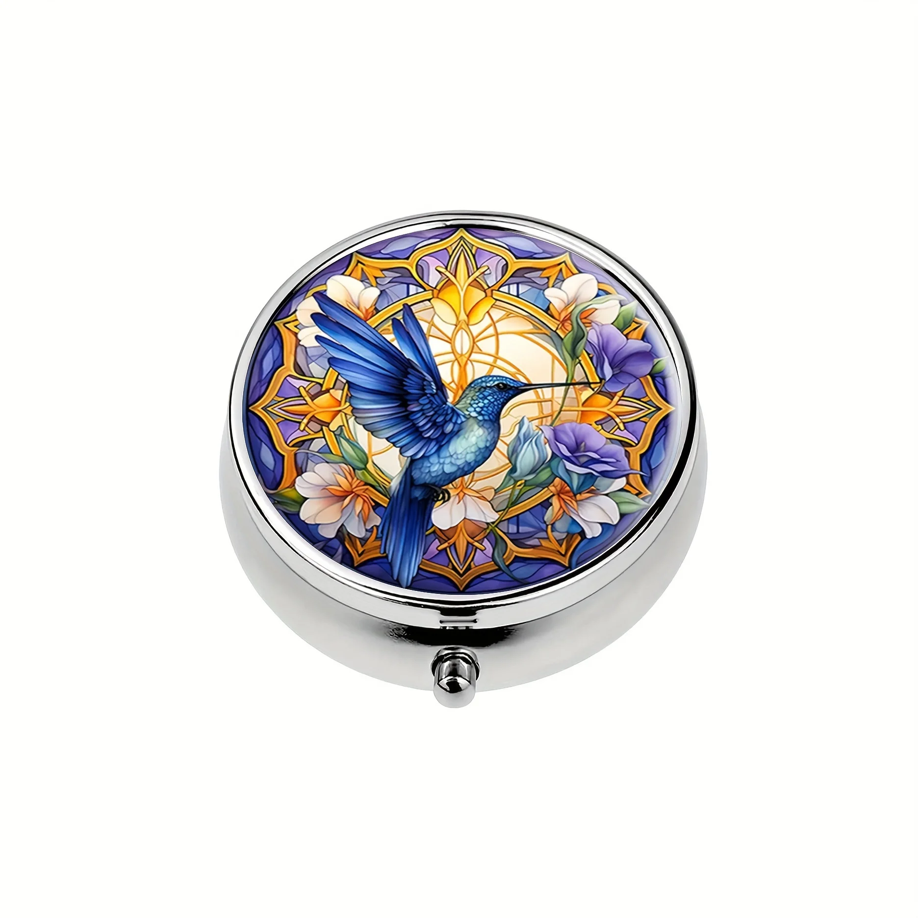 3-Piece Hummingbird Round Medicine Box,3-Frame Tablet Storage Box,Travel Pocket Wallet Medicine Box,with Elegant Floral Design