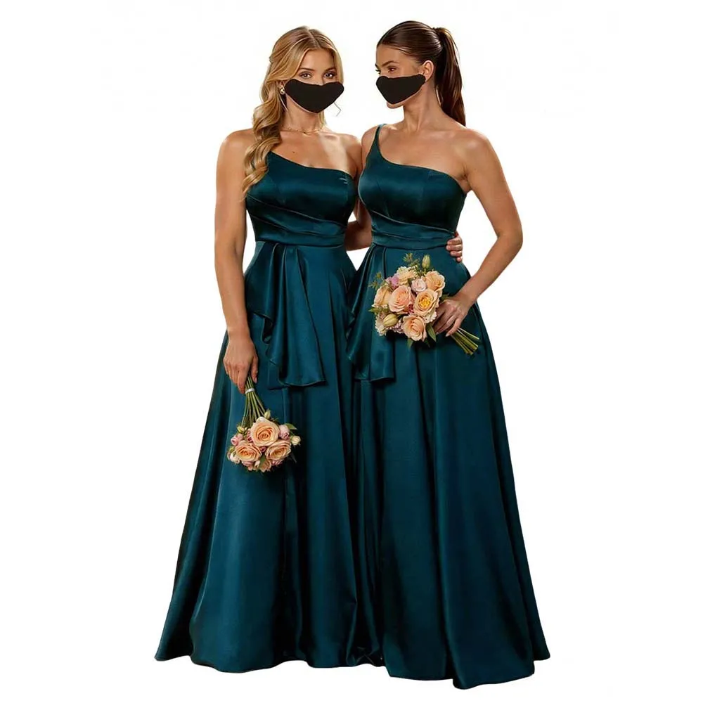 

Women‘s A-Line Pleated Satin Formal Dress One-Shoulder Sleeveless Floor-Length Bridesmaid Dress With Cascading Ruffles Custom