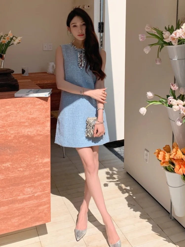 

Blue Sequin-Embellished Mini Dress High Quality Tweed Cutout Sleeveless Elegant Short Dress Summer Woman Clothing