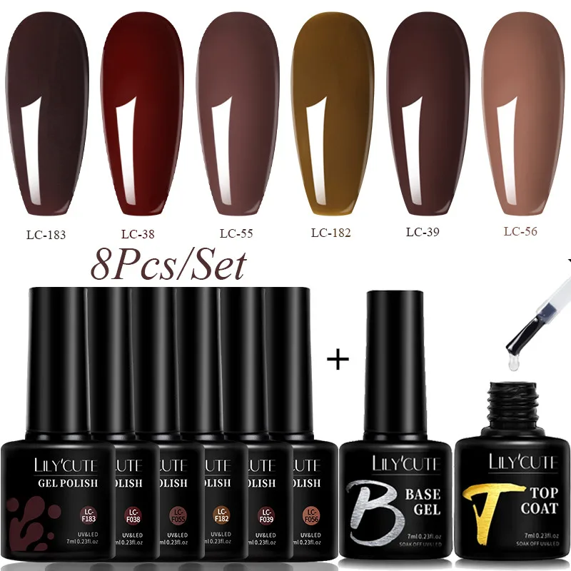 LILYCUTE 7ml 8Pcs/Set Coffee Brown Color Gel Nail Polish Manicure Semi Permanent Base Top Coat Set Soak Off Nail Art Gel Varnish