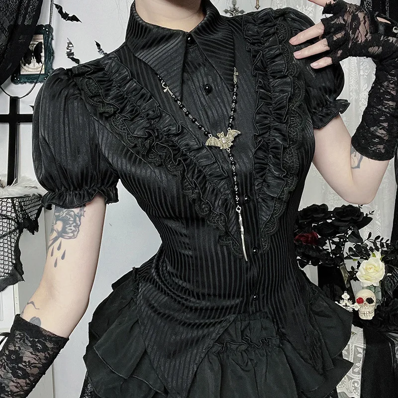 

Sweet Lolita Cotton Shirts Women Vintage Gothic Black White Jacquard Short Sleeve Blouses Elegant Office Lady Y2k Tops