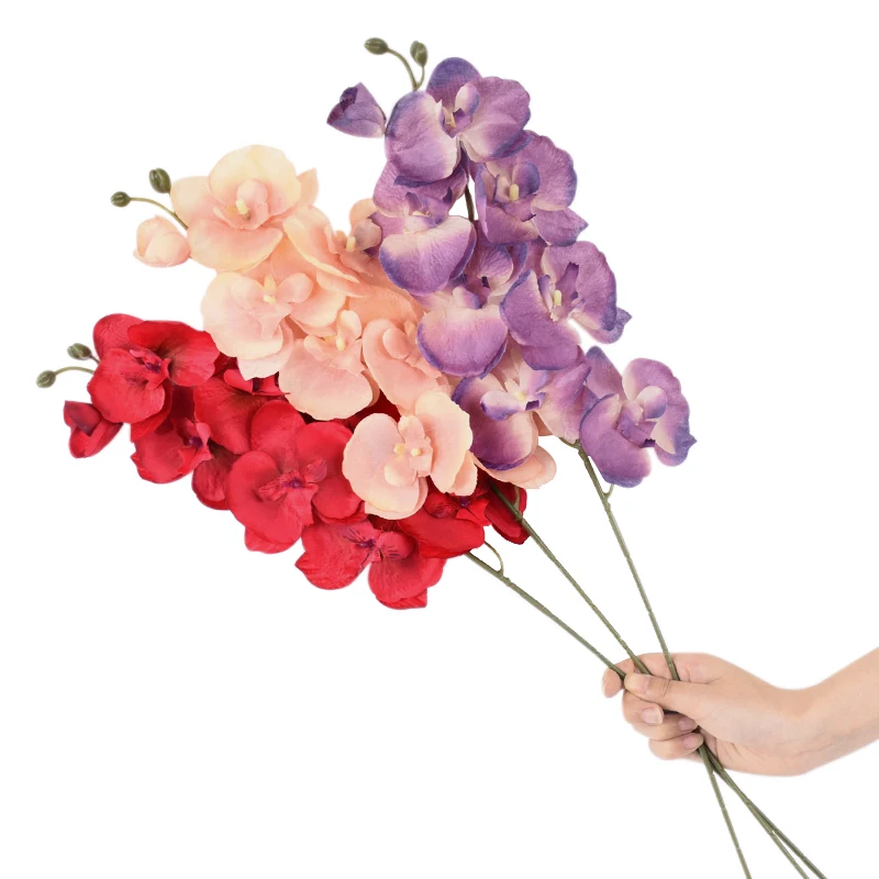 8 رؤساء كبير الحرير زهرة اصطناعية فرع السحلية فالاينوبسيس الأسود بورجوندي ديكور منزلي للزفاف الزهور بوعاء السحلية بالجملة