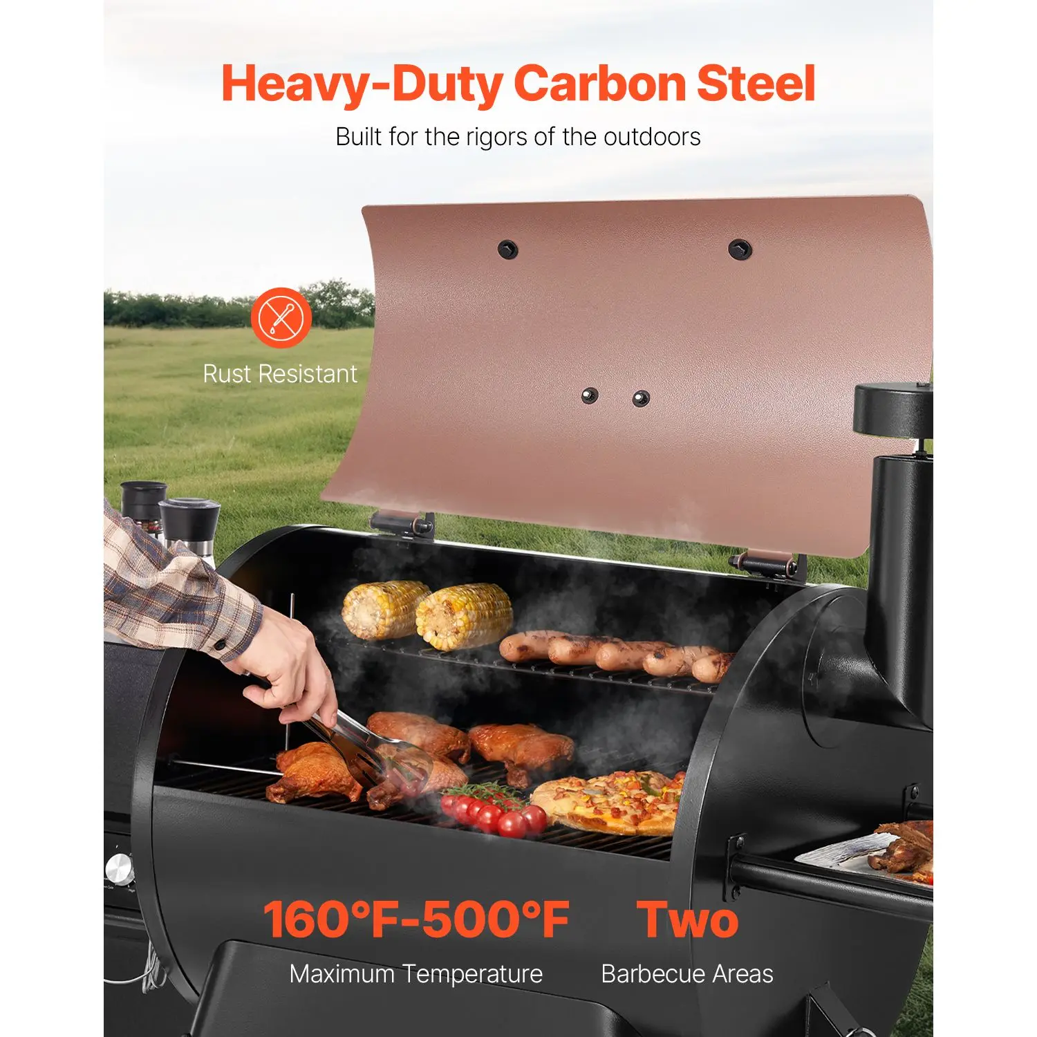 Wood Pellet Grill Smoker, 8 in 1 BBQ Grills for Outdoor Cooking, 575 Sq Inch Cook Area Electric Grill and Smoker, with LCD Screen Controller, Meat Probe, 500 Fahrenheit Max Temperature, Black