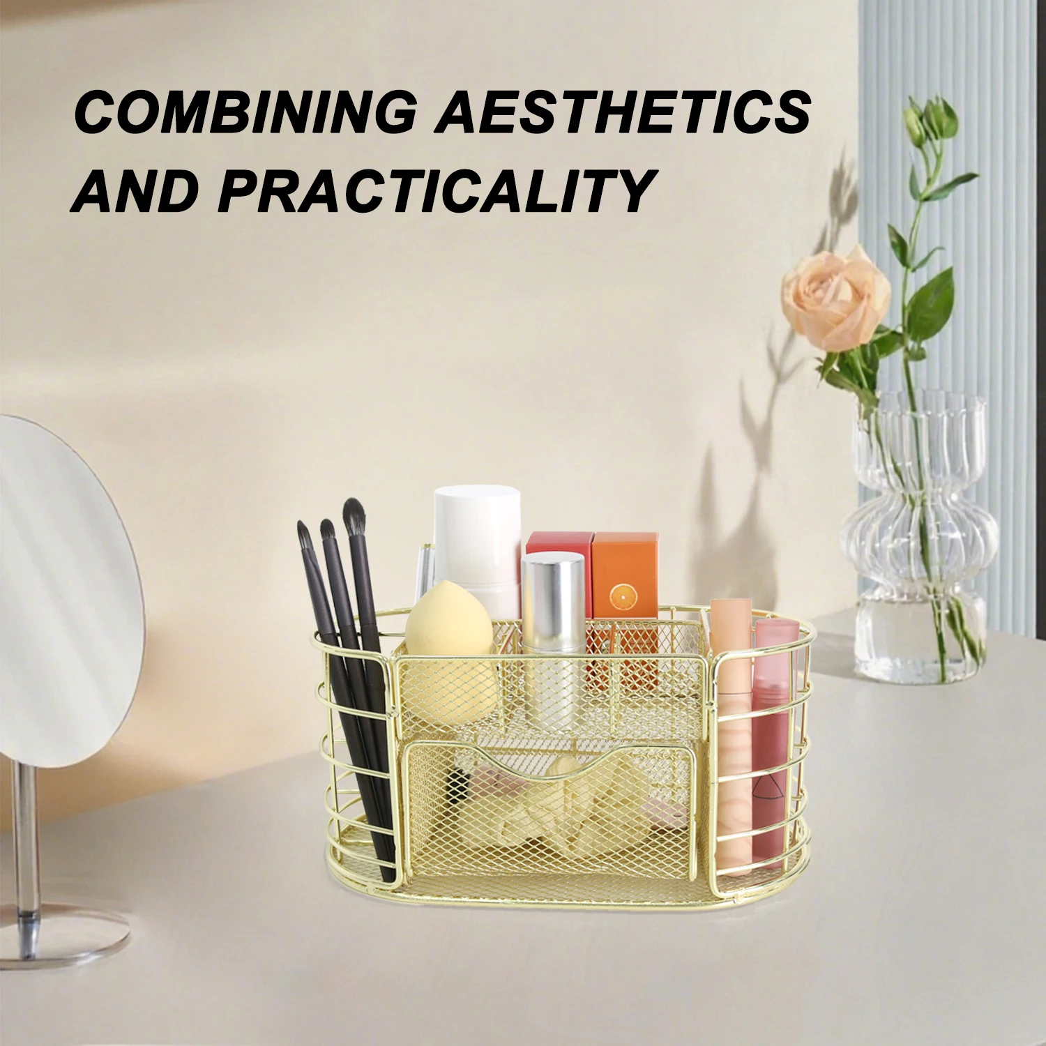 Juego de organizador de escritorio dorado, portalápices de Metal grande con accesorios, vaso para brochas de maquillaje de acero inoxidable duradero, oficina multiusos