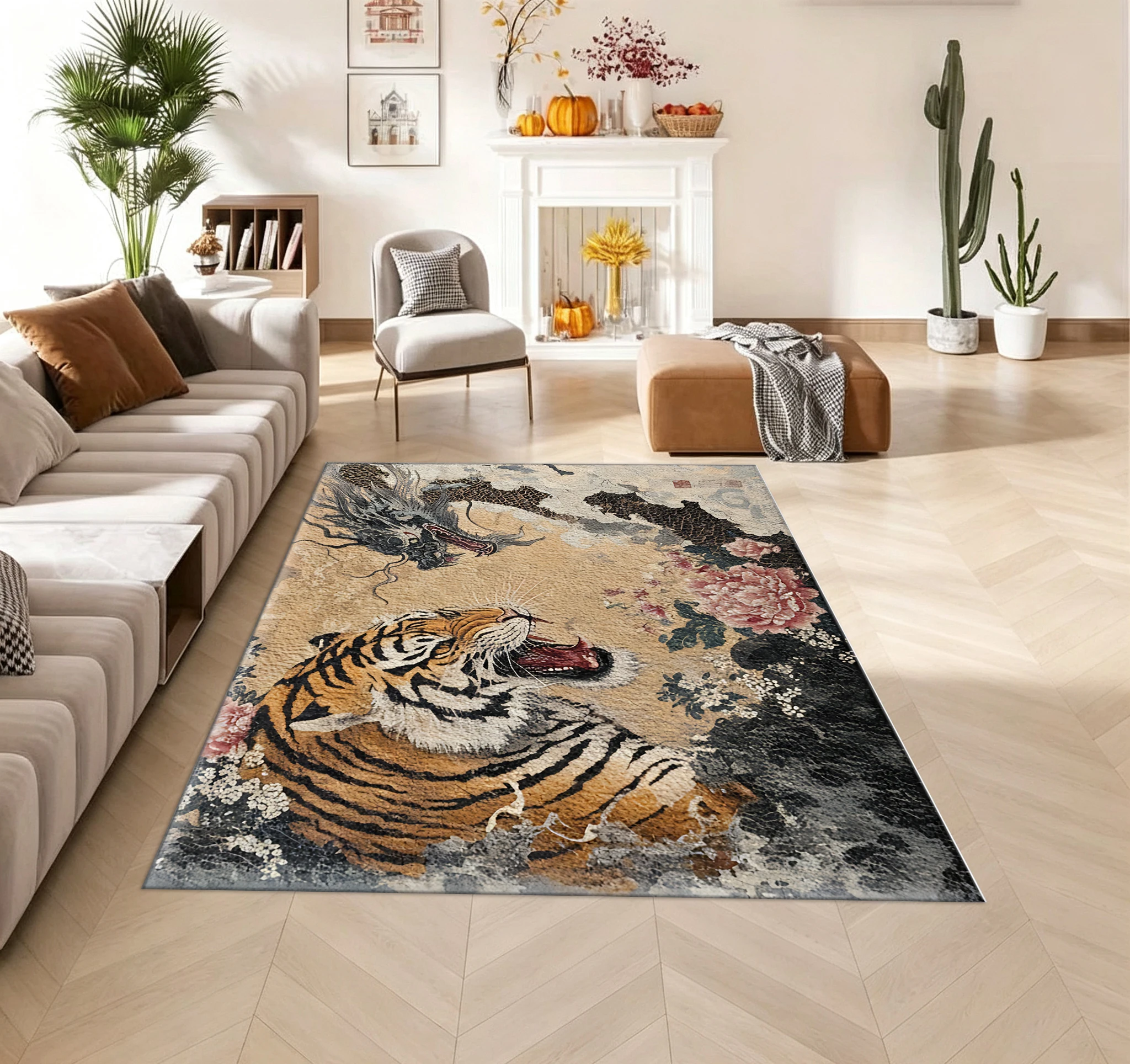 Dragon and Tiger Peony Print Carpet Traditional Asian Animal Pattern Floor Mat Home Carpet