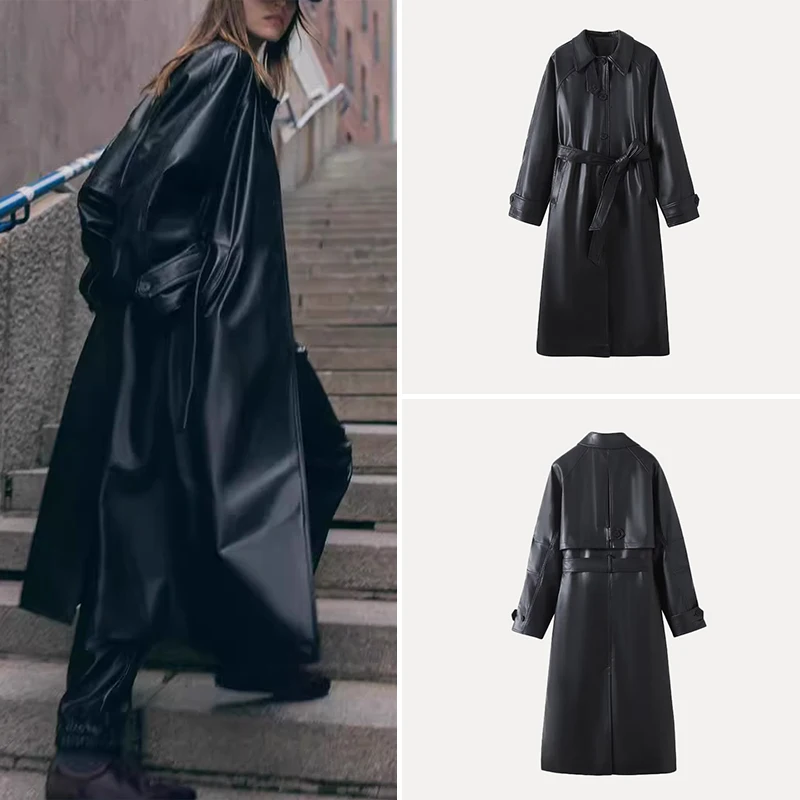 

2025 Summer New Women's Belted Windbreaker Split Leather Jaet Coat Long Sve Street Sle Mid-Length PU Material