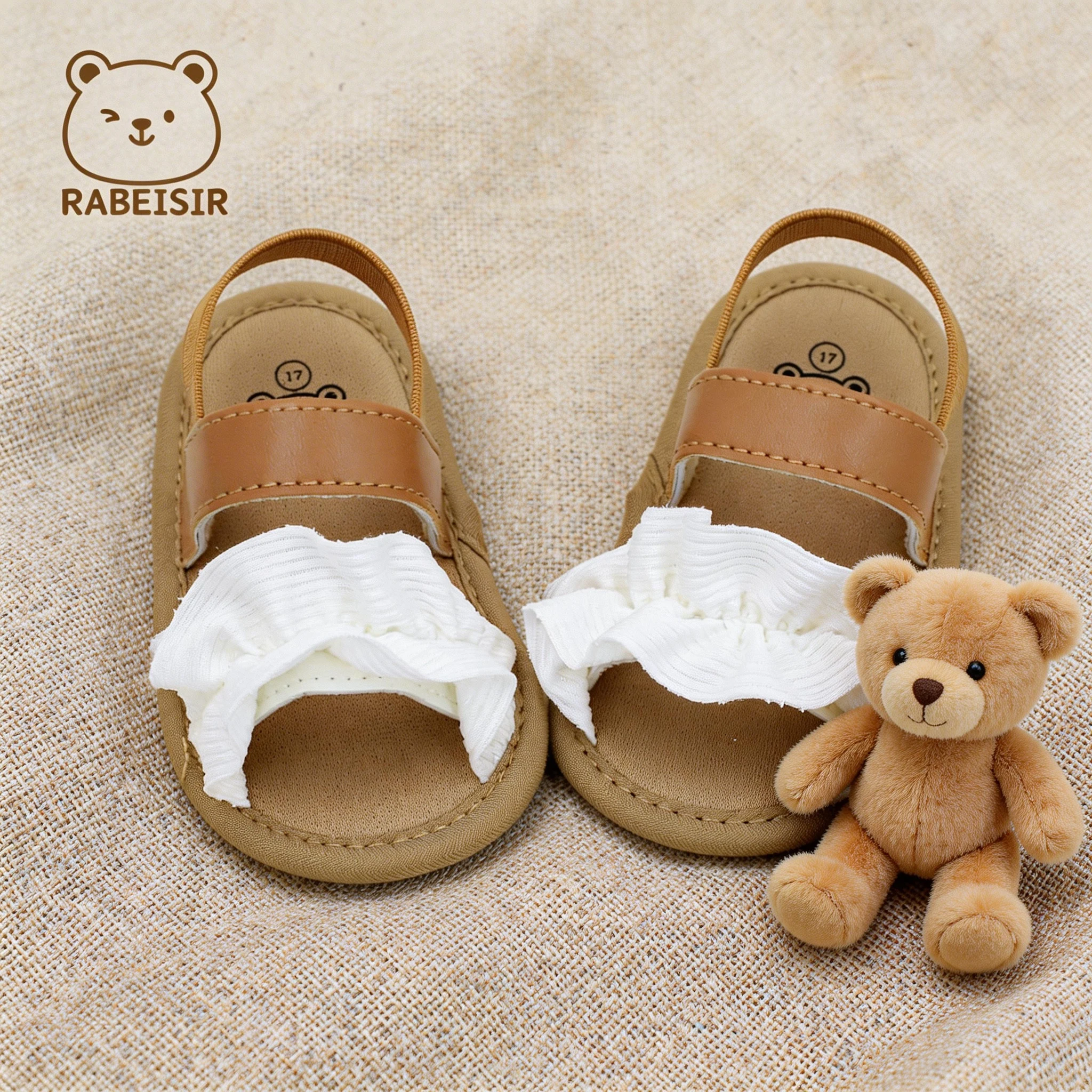 Summer open-toe sandals with fabric pleat decoration, elastic back strap, comfortable soft sole toddler shoes