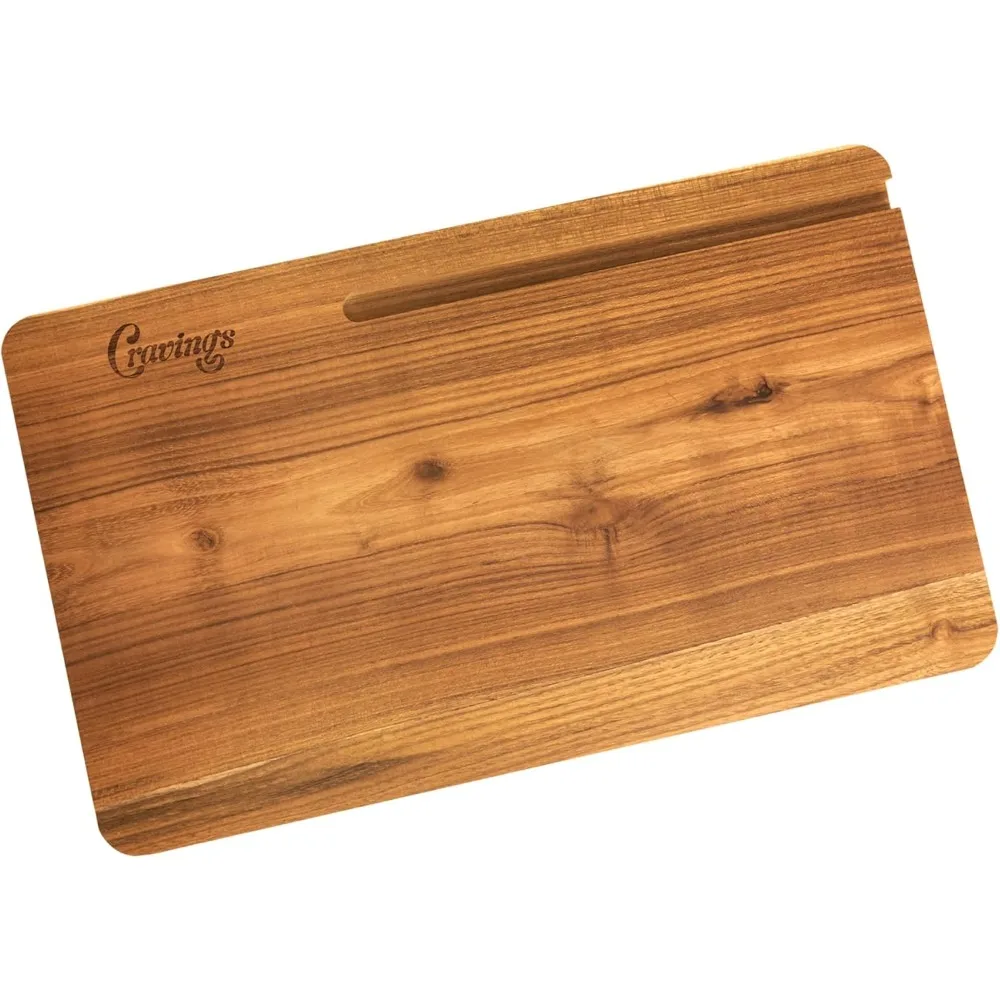 Cravings Chop-Chop Teak Cutting Board – 20x12-Inch Wooden Chopping Board with Carved Grooves for Phones/Tablets – Best Cutting B