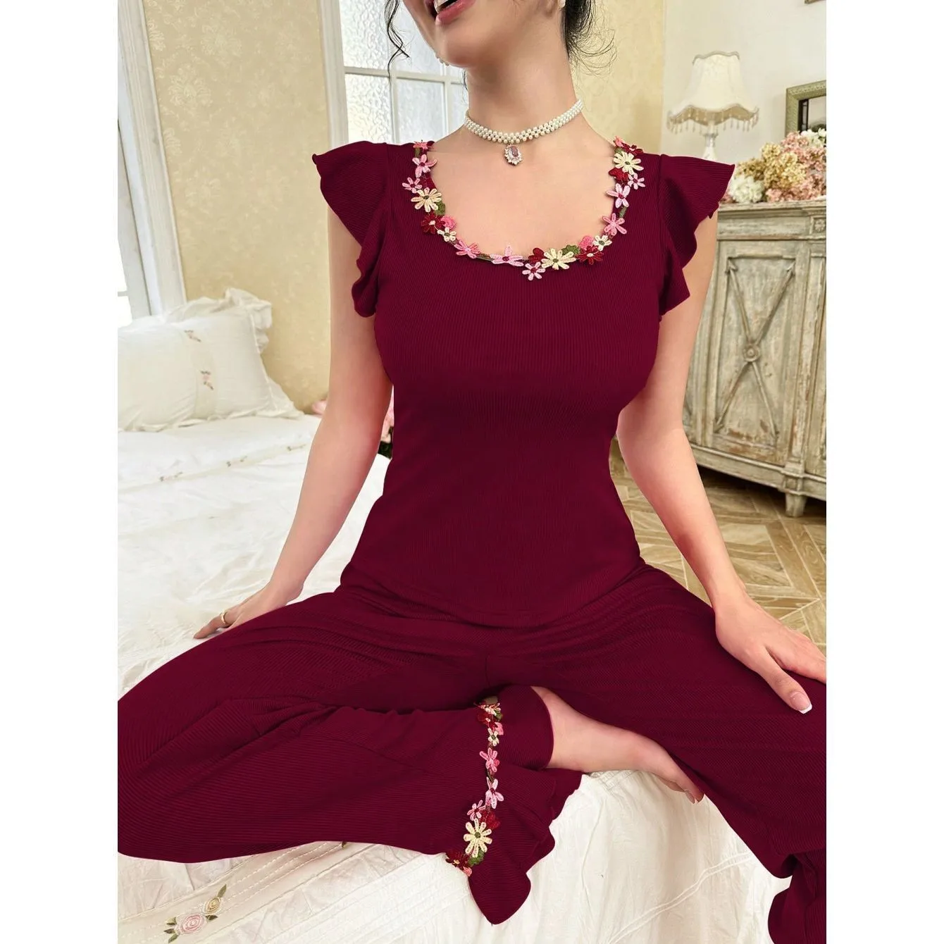 Summer Women Pajamas Top Two Piece Set Knit Lounge Wear Round Neck Blouse Ruffle Sleeve Lace Trim Flared Cuff Pullover Pajama view 3