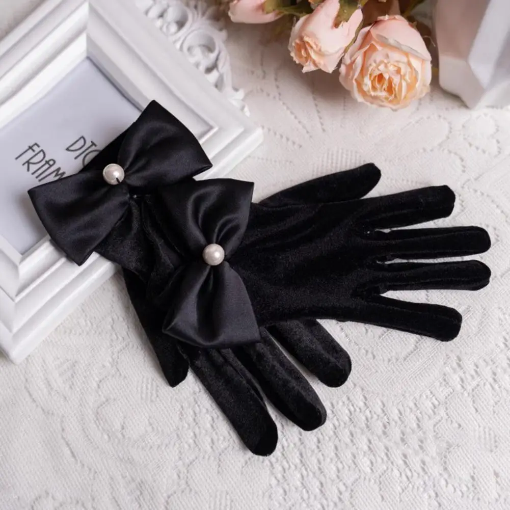 Gants en velours avec nœud décoratif pour femmes, gants d'hiver élégants, non chauds, bijoux pour femmes, fêtes de Rh