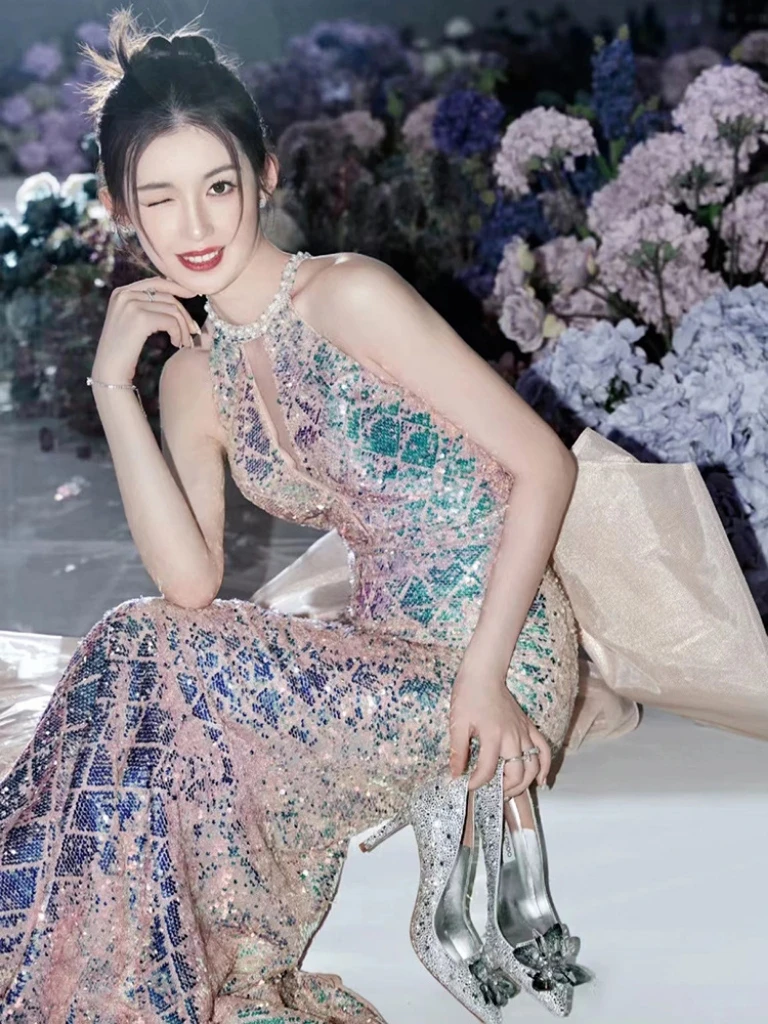 Vestidos de Noche de sirena brillantes, ligeros, de lujo, con hombros descubiertos, cuello Halter, sin mangas, ajustado, con lazo, sin espalda, vestido de fiesta de graduación para celebridades