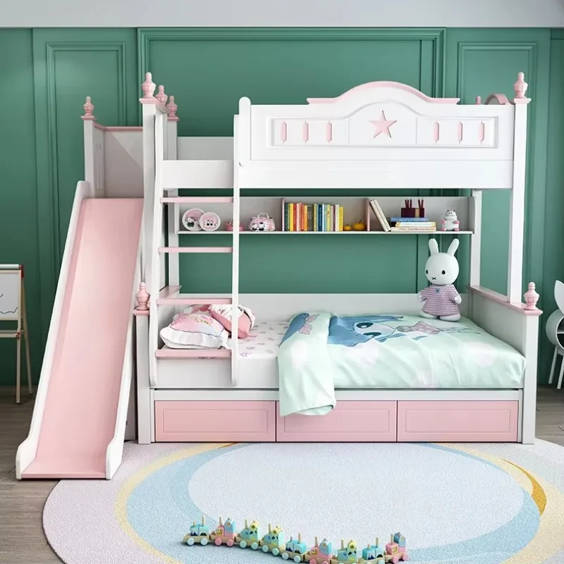 -For Modern childlike princess solid wood bunk bed simple 1.5m pink children girl bed with slide Bunk Bed with Storage &