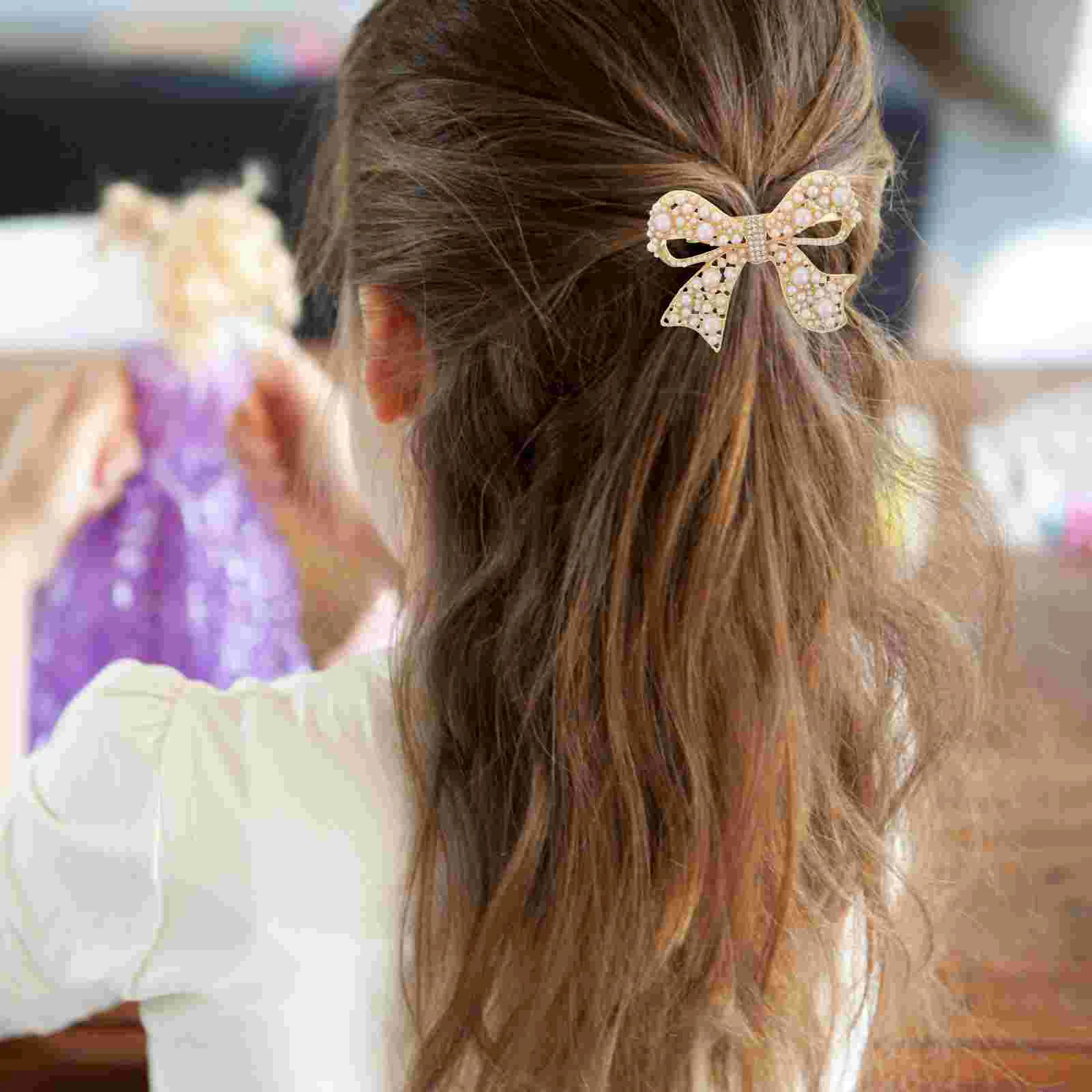 Bow Hair Spring Clip Pearl Rhinestone Decor Clip Headdress for Female Woman Lady Golden White Hair Clip Bow