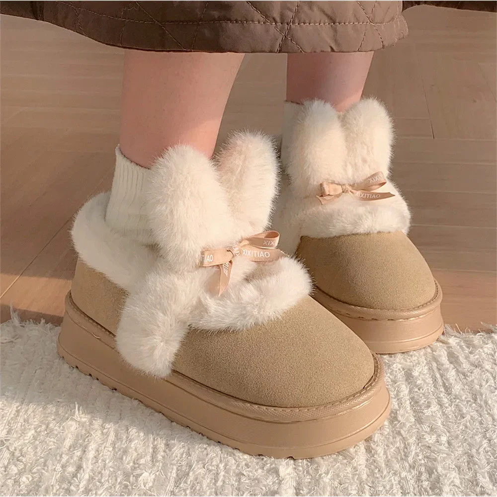 

Winter Warm Thickened Women's Soft Thick Bottom Cotton Boots Soft Bottom Cute Girl Heart Rabbit Ears Snow Boots Cute