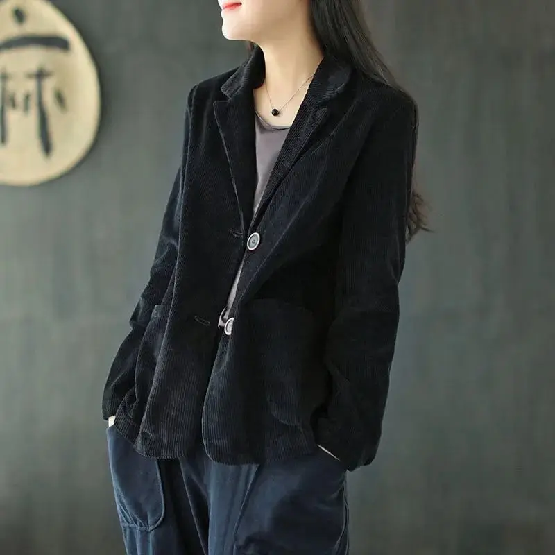 Spring Autumn Women Vintage Corduroy Casual Streetwear Pockets Notched Blazers Female Simple Solid Long Sleeve Loose Suit Jacket