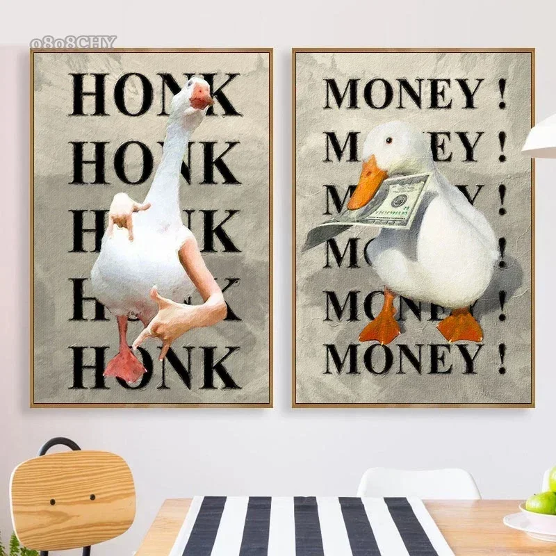 Funny Cartoon Goose Meme Posters and Prints Canvas Painting The Money in Duck Mouth Mural for Room Home Decor Cuadros Wall Art