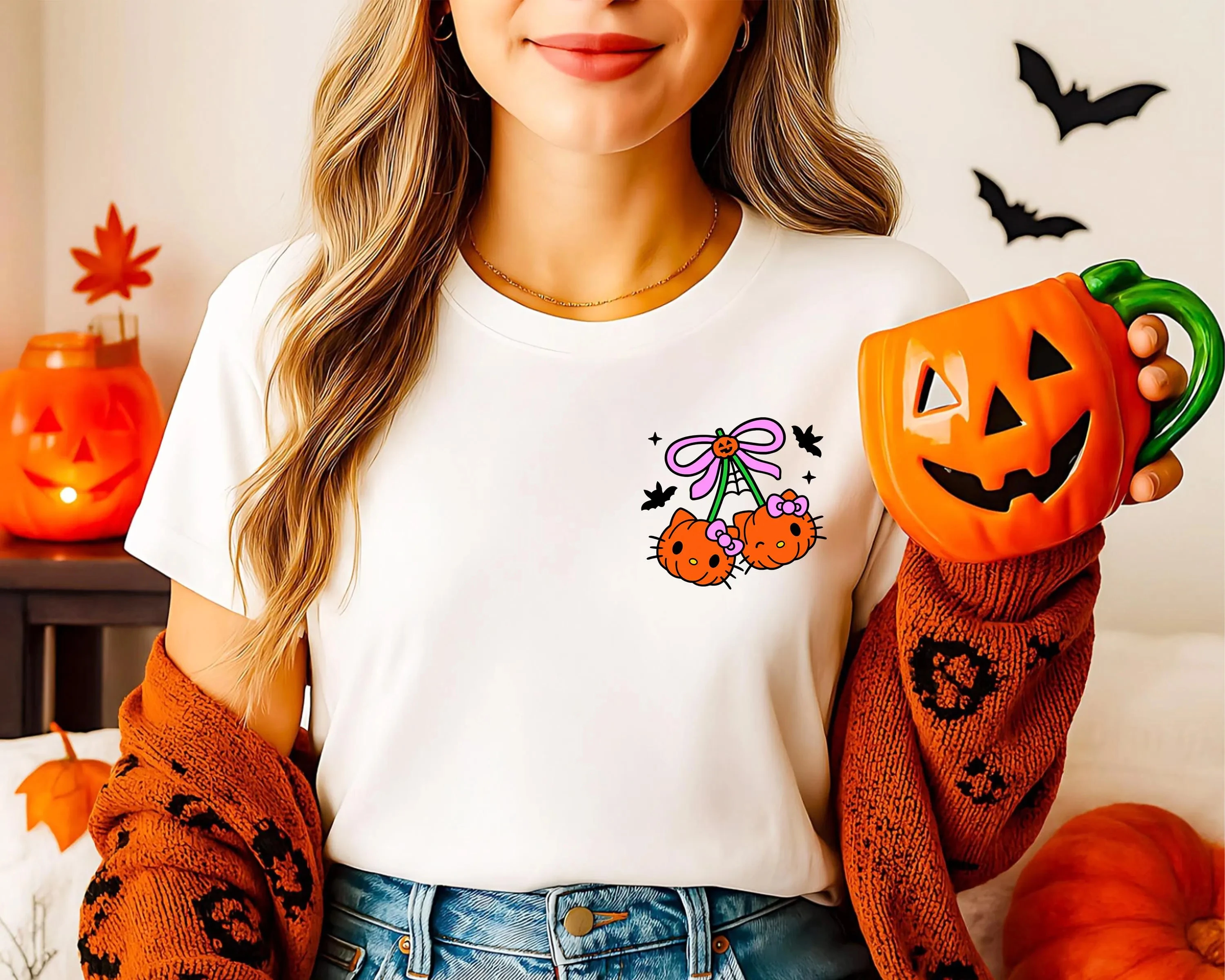 Hello Kitty Halloween Shirt Women's Halloween Shirt Spooky Cat Pumpkin Shirt Kawaii Kitty Halloween Shirt Halloween Coquette
