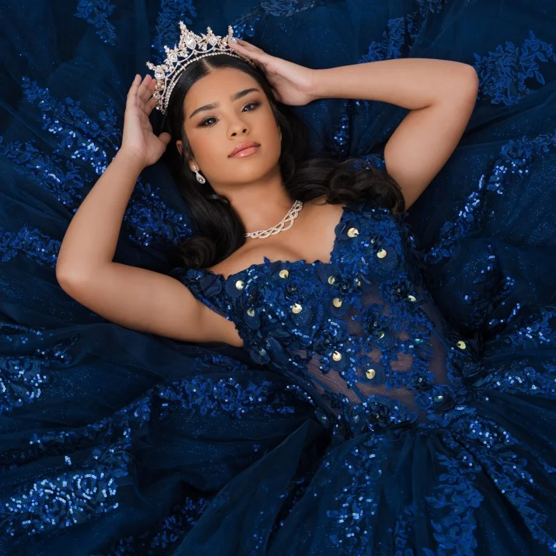 

Dark Blue Quinceanera Dresses Off the Shoulder Glitter Decal 3D Flower Long tail Bow Vestido De 15 Quinceanera Customize