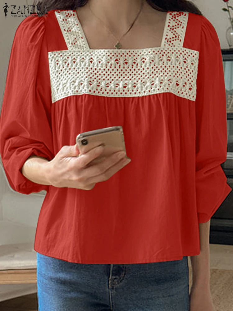 

ZANZEA Long Puff Sleeve Solid Blusas Mujer Spring Casual Square Neck Women Smock Tops Elegant Commuting Lace Patchwork Blouses