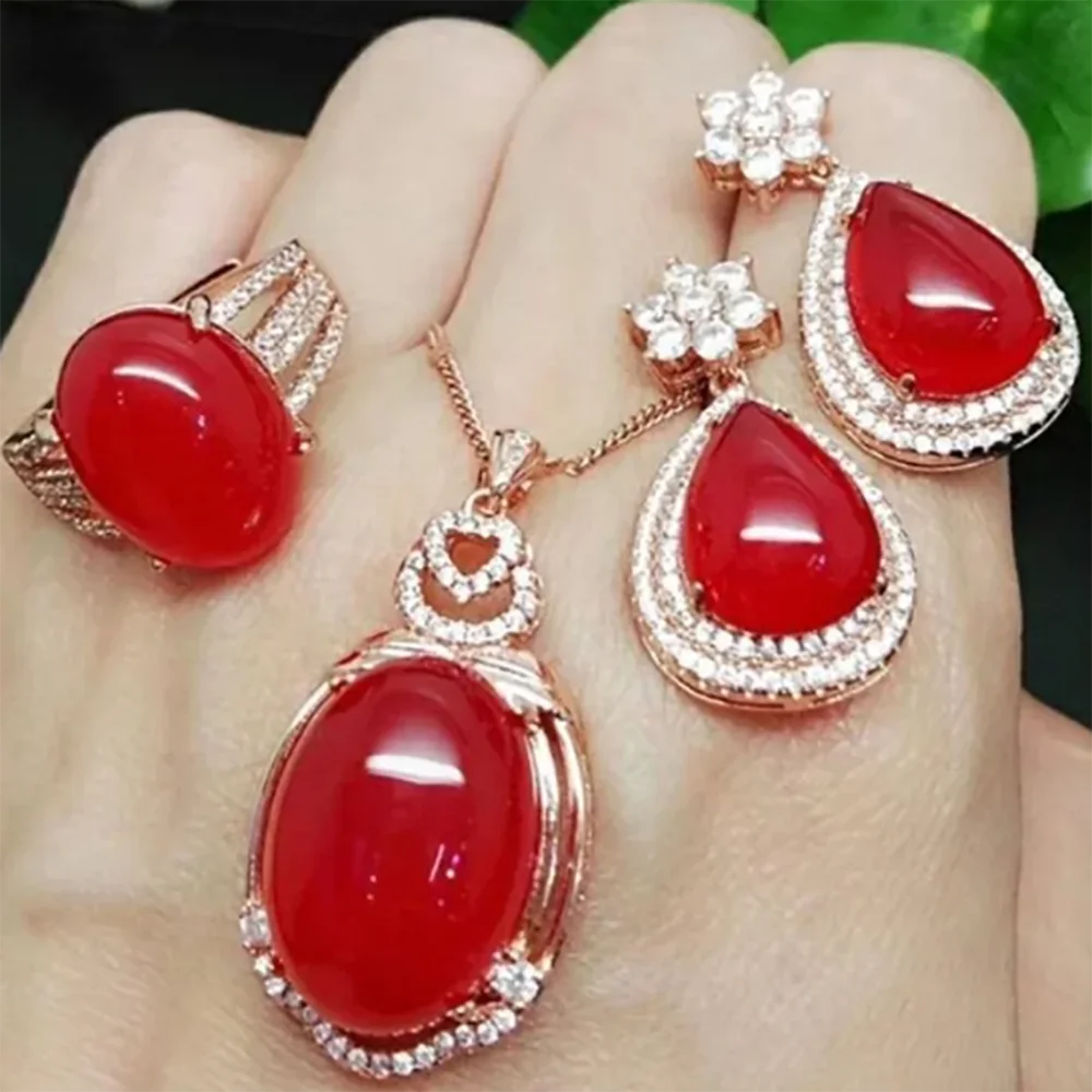 

Inlaid Agate Chalcedony Pendant Ring Earrings Three-piece Jewelry Set