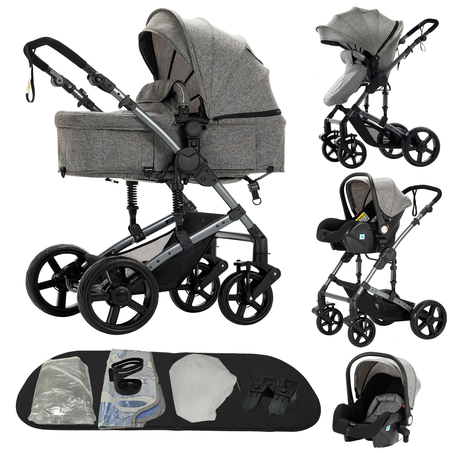 3-in-1 Babywandelwagen met autostoel, kinderwagen, zit- en ligstand, voor pasgeborenen, tweerichtings duwbaar, opvouwbaar reissysteem