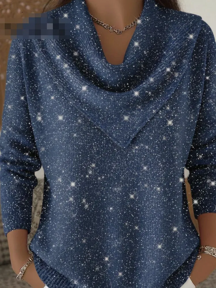 

Весна 2026, женский однотонный длинный свек с высоким воротником, серебристый вязаный свитер Tead iny, повседневный свободный крой, мягкий полиэстер