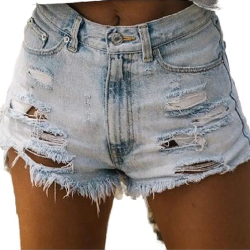 Casual Women Denim Shorts Crimping Slim Summer Jeans Shorts Feminino Ladies Bottom High Waist Ripped Fringed Denim Shorts Female