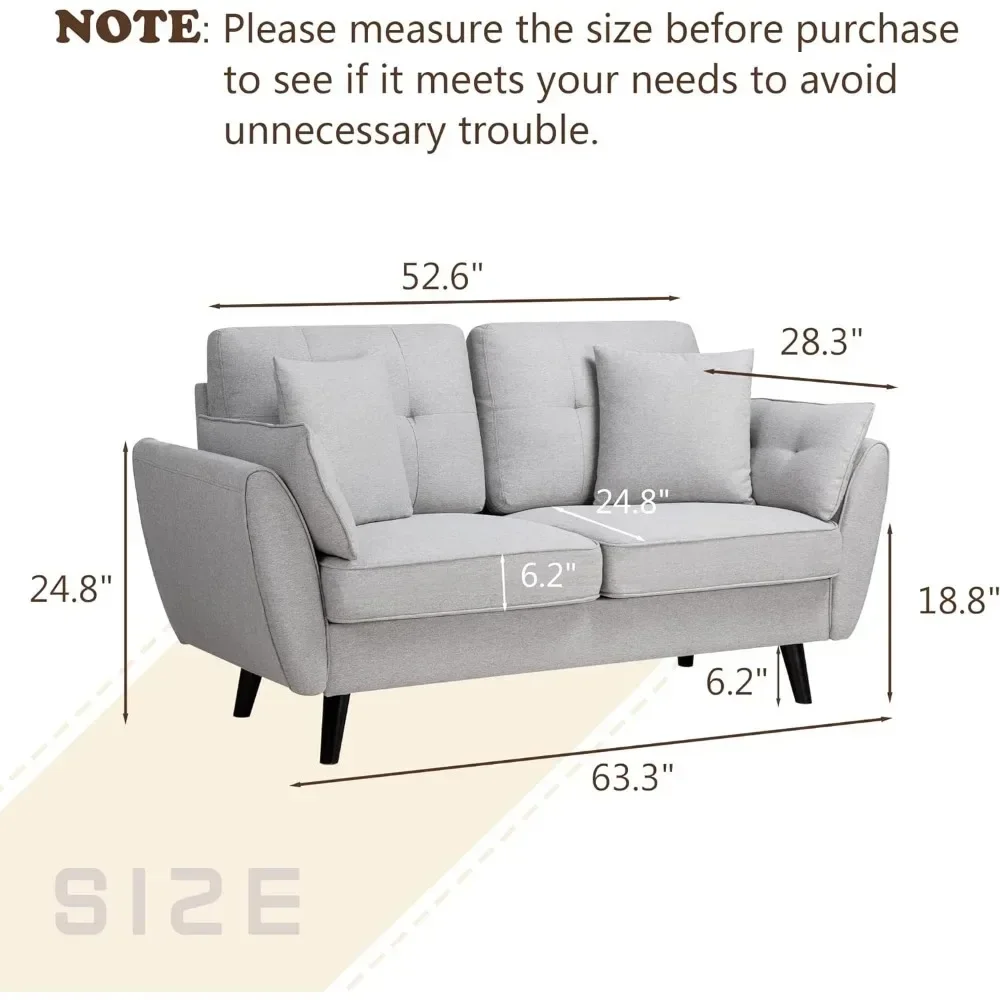 Modern fabric double sofa with soft cushions, 2 low backrest deep seats, with 4 pillows, easy to assemble, light gray