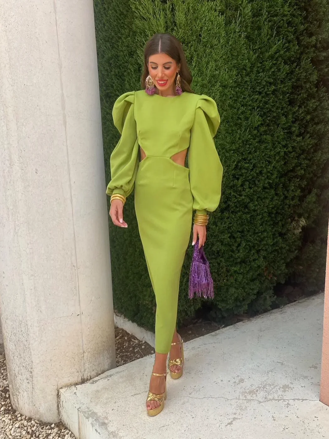 Oisslec Avocado Green Prom Dresses Backless Robes De Cocktail Dress Long Sleeves Night Party Club Women Wear Vestidos Hollow