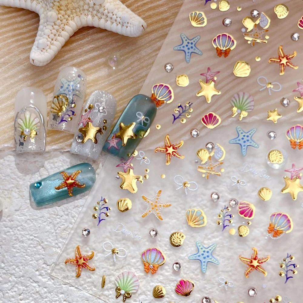 Sommerliche Bunte Muschel- und Seestern-Nagelaufkleber 5D Korallen- und Muschel-Strass-Design Gold Ozean Strand Abziehbilder für Maniküre