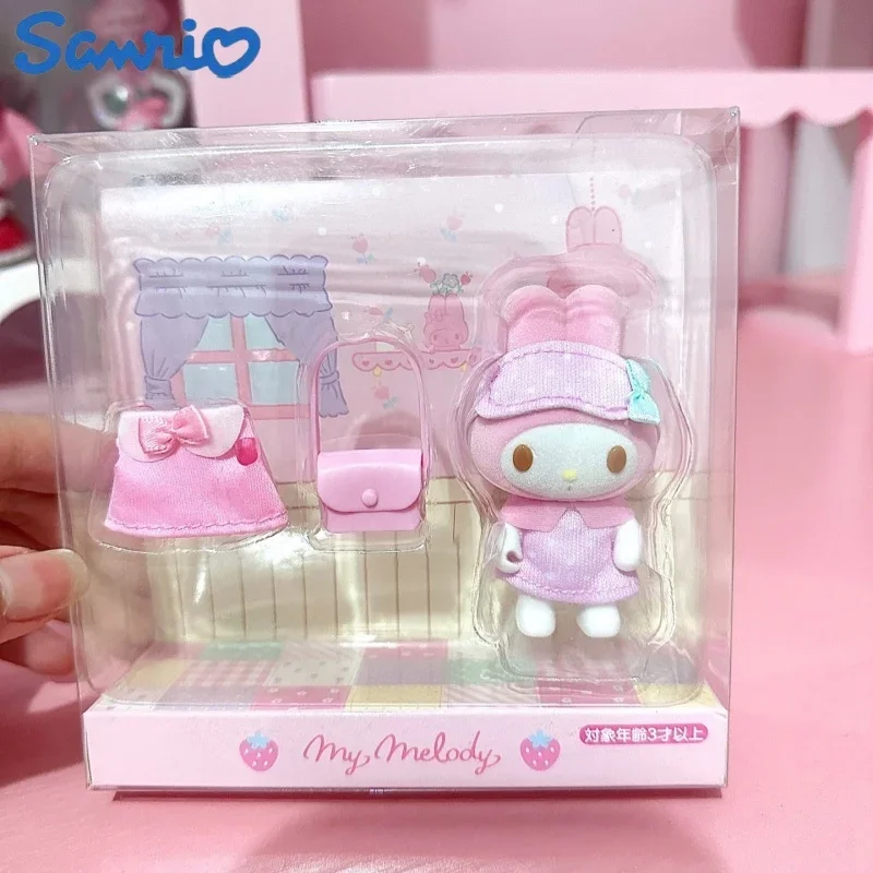 Sanrio Figure My Melody Kuromi Cinnamoroll Pochacco Action Figures Sleeping Suit Set Series Flocking Doll Collect Toy Funny Gift