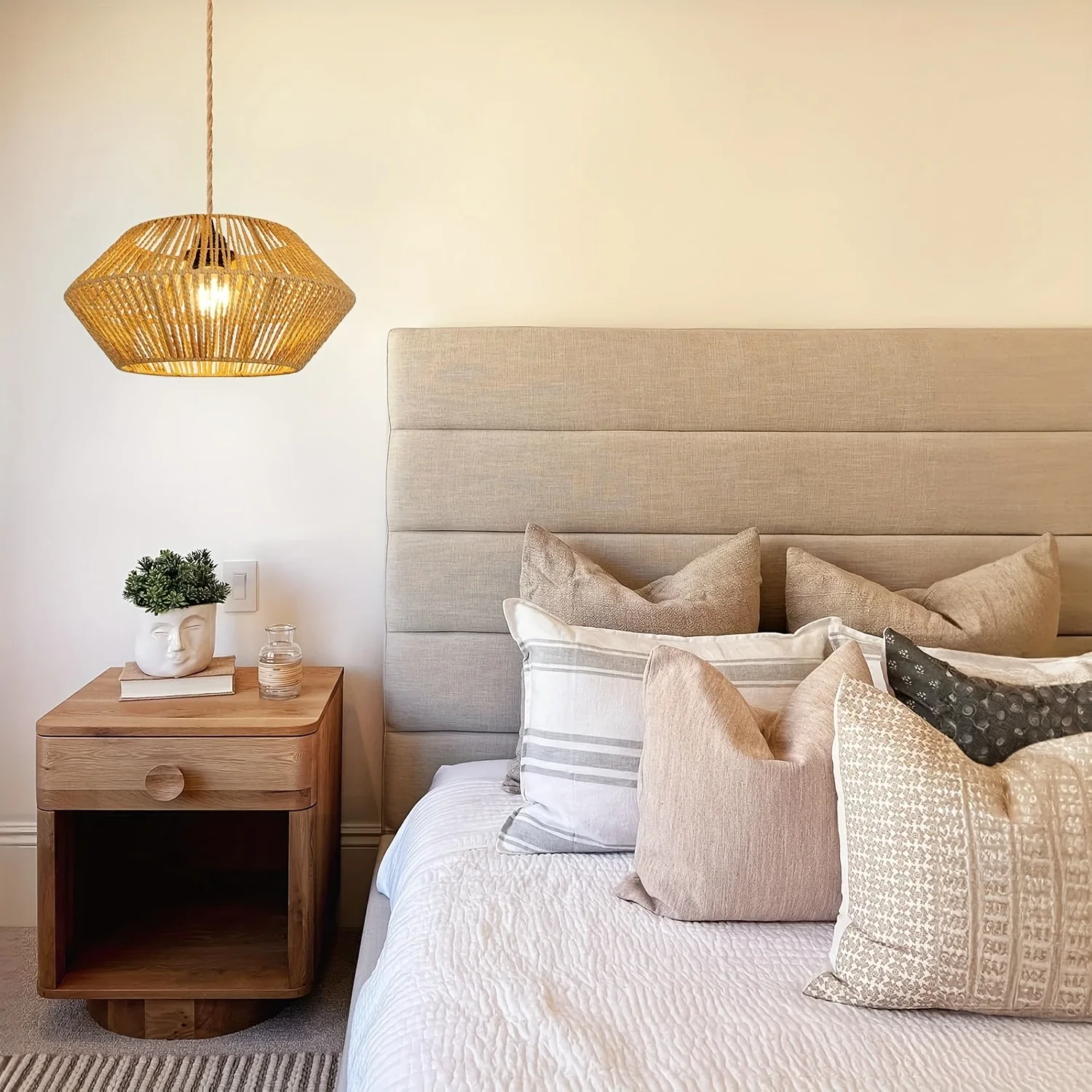 Bohemian Bamboo Wicker Ceiling Light Adjustable E27 Rattan Hanging Pendant Suitable for Kitchen Living Room Dining&Bedroom Decor