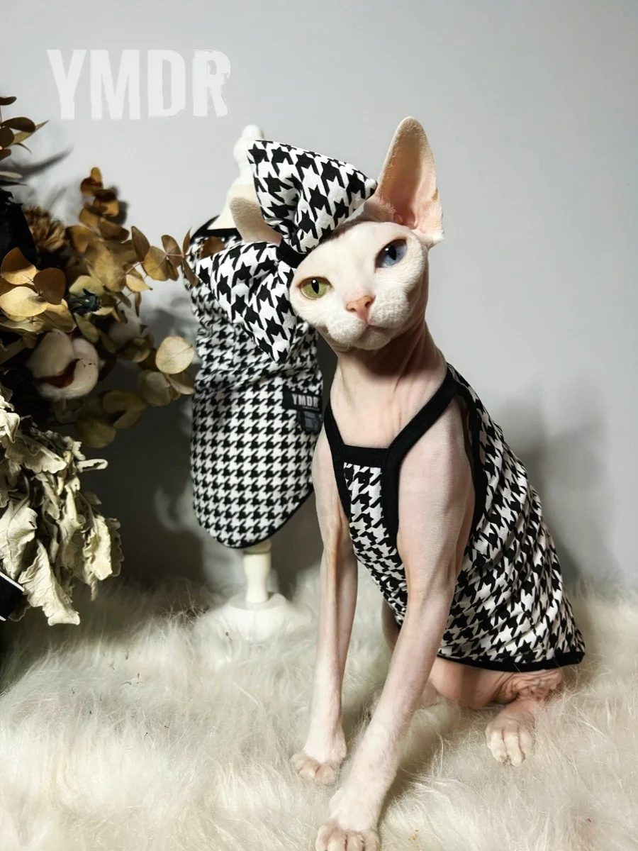 Summer Cotton Vest Hat Suit for Sphynx Cat Cooling Fashion Black Plaid Coat with Bowknot for Kittens Spring for Devon Rex