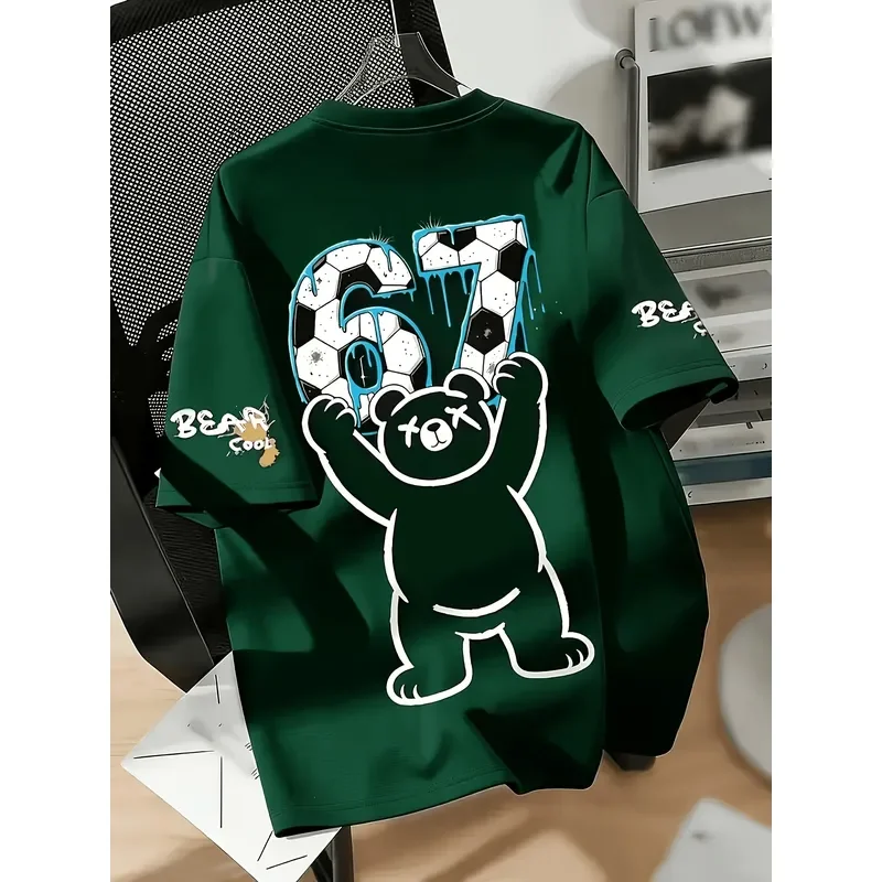 2026 Men Casual T Shirt Cartoon Bear Playing Football Pattern Number 67 Crew Neck Micro Elastic Soft Fabric Daily Wear