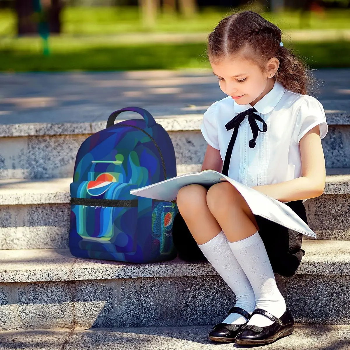 P-Pepsi Novo padrão elegante bolsa escolar estampada mochila leve 16,5 pol.