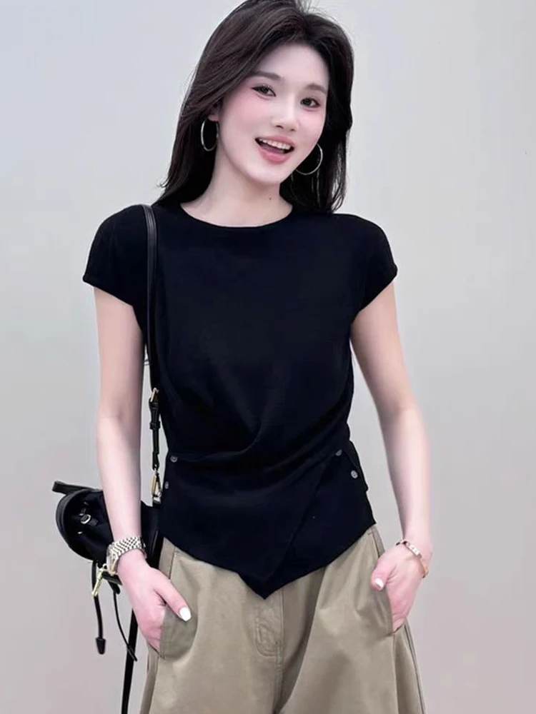 

Cross Design Ice Silk Knitted ort Sve round Ne T-irt oulder Fit Summer Casual Women's Faion Commute Sle