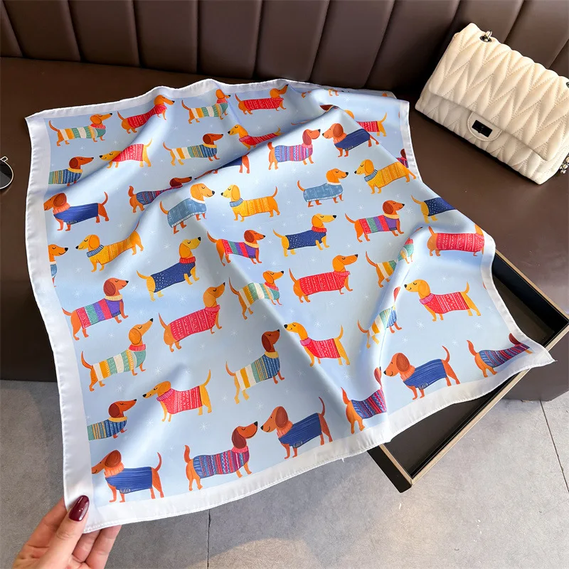 Quadratischer Seidenschal mit süßem Hundemuster für Damen, Hijab, Haarbänder, Halstuch, weiblicher Satin-Schal, Band, Stirnband, modische Wickel, Bandana – Detail 5